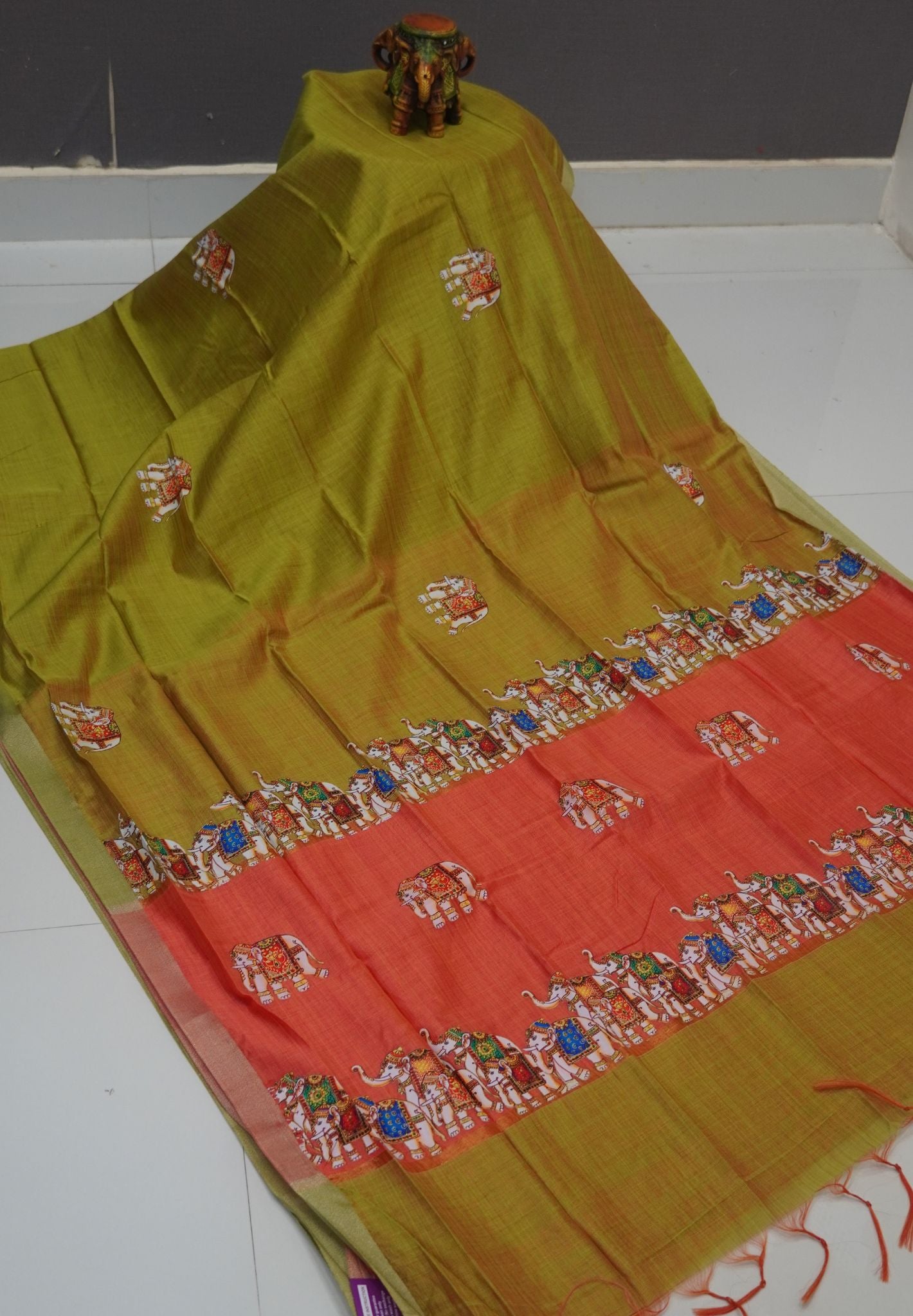 Cora Linen Saree- Olive Green with Tanjore Print