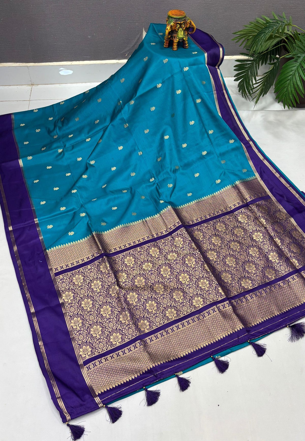 Gaji Silk Saree-Ramar Blue in Floral Brocade Zari with Contrast Border