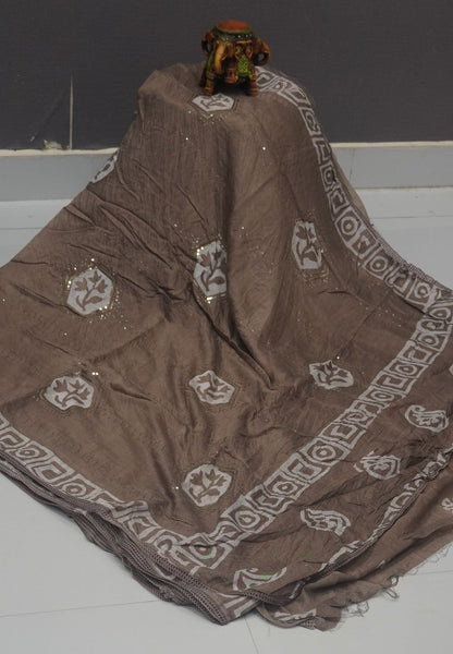 Batick Cotton Saree- Light Choco Brown with Sequence Work