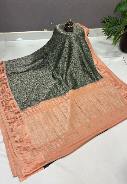 Banarasi Brocade Silk Saree-Green with Contrast Border