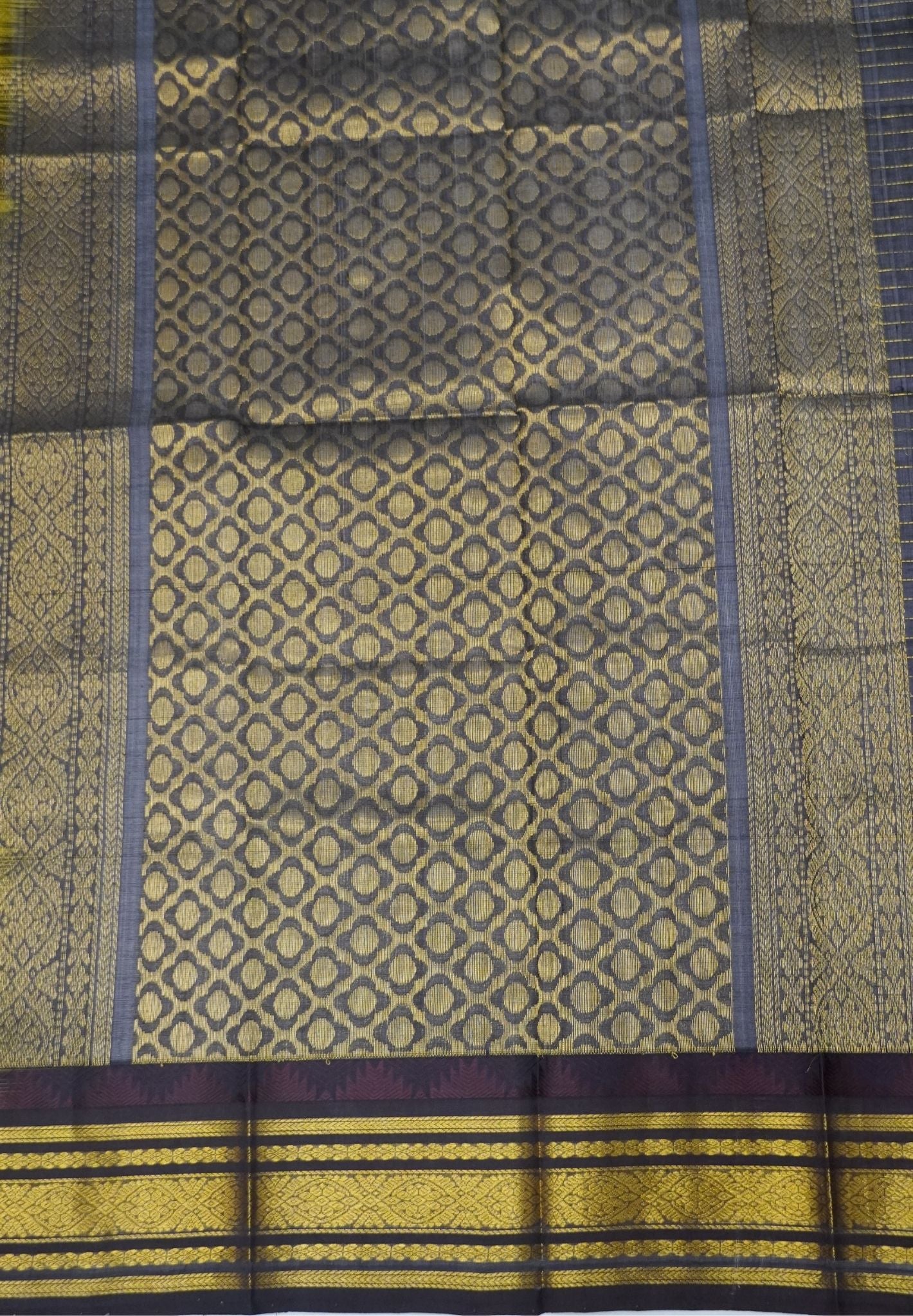 Pure Silk Cotton Saree-Mehandi Green in Golden Zari Checks with Contrast Border