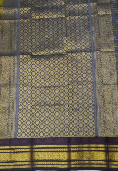 Pure Silk Cotton Saree-Mehandi Green in Golden Zari Checks with Contrast Border
