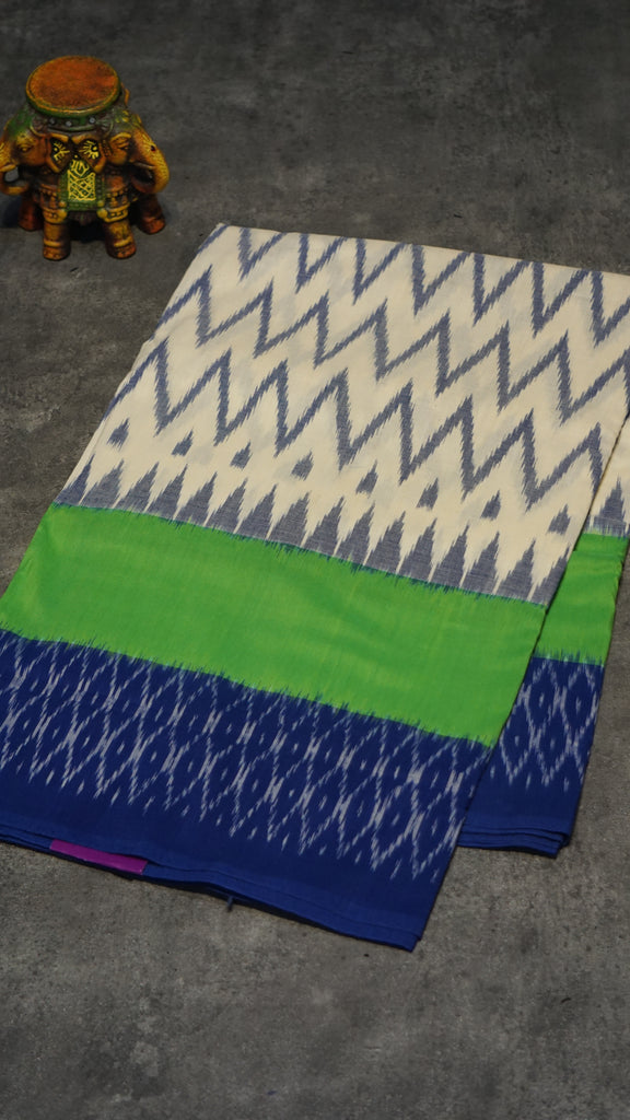 Pochampally Cotton double Ikkat Saree White - Blue