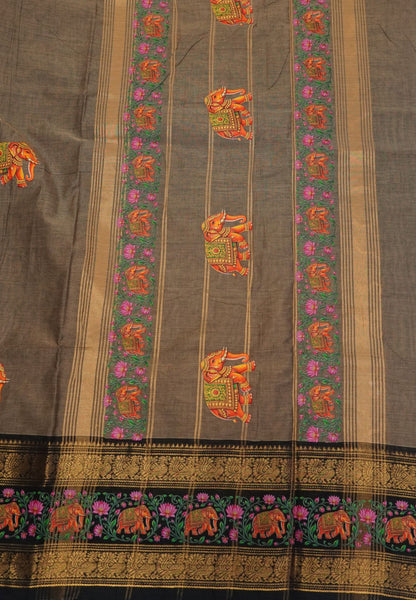 Chettinad Cotton Saree- Beige with Elephant Tanjore Print