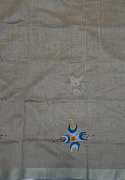 Cora Linen Saree-Green with Hand Painted Floral Motifs
