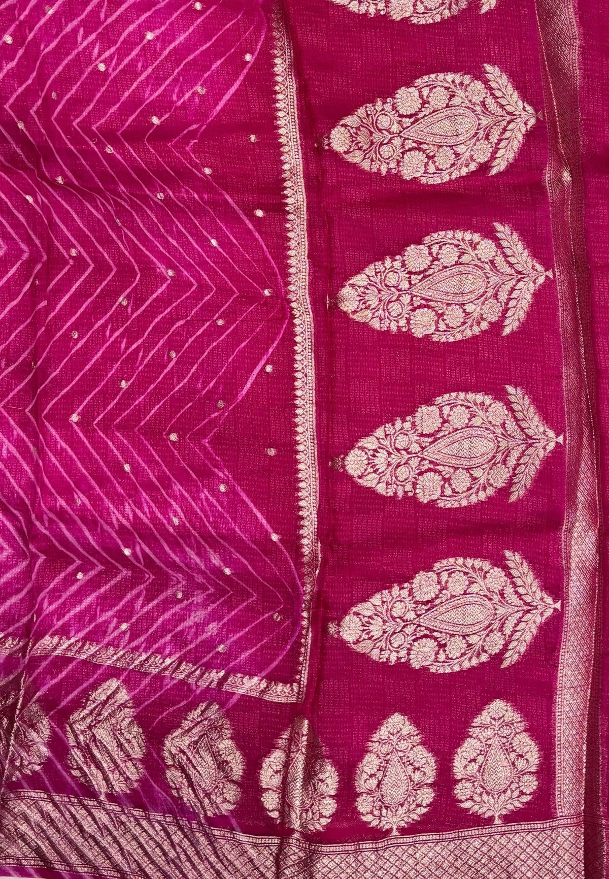Pure Organza Tussar Saree-Rani Pink In Paisley Leaf Zari Border With Partly Pallu