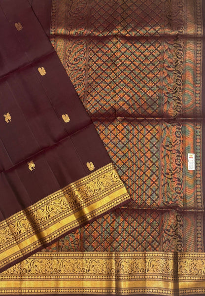 Pure Kanchipuram Silk Saree-Coffee Brown in Unicorn Zari Border