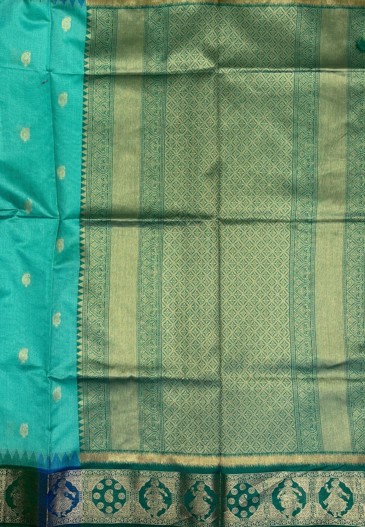 Raw Silk Saree-Teal Green In Floral Medallion Brocade Border