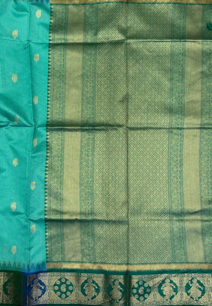 Raw Silk Saree-Teal Green In Floral Medallion Brocade Border
