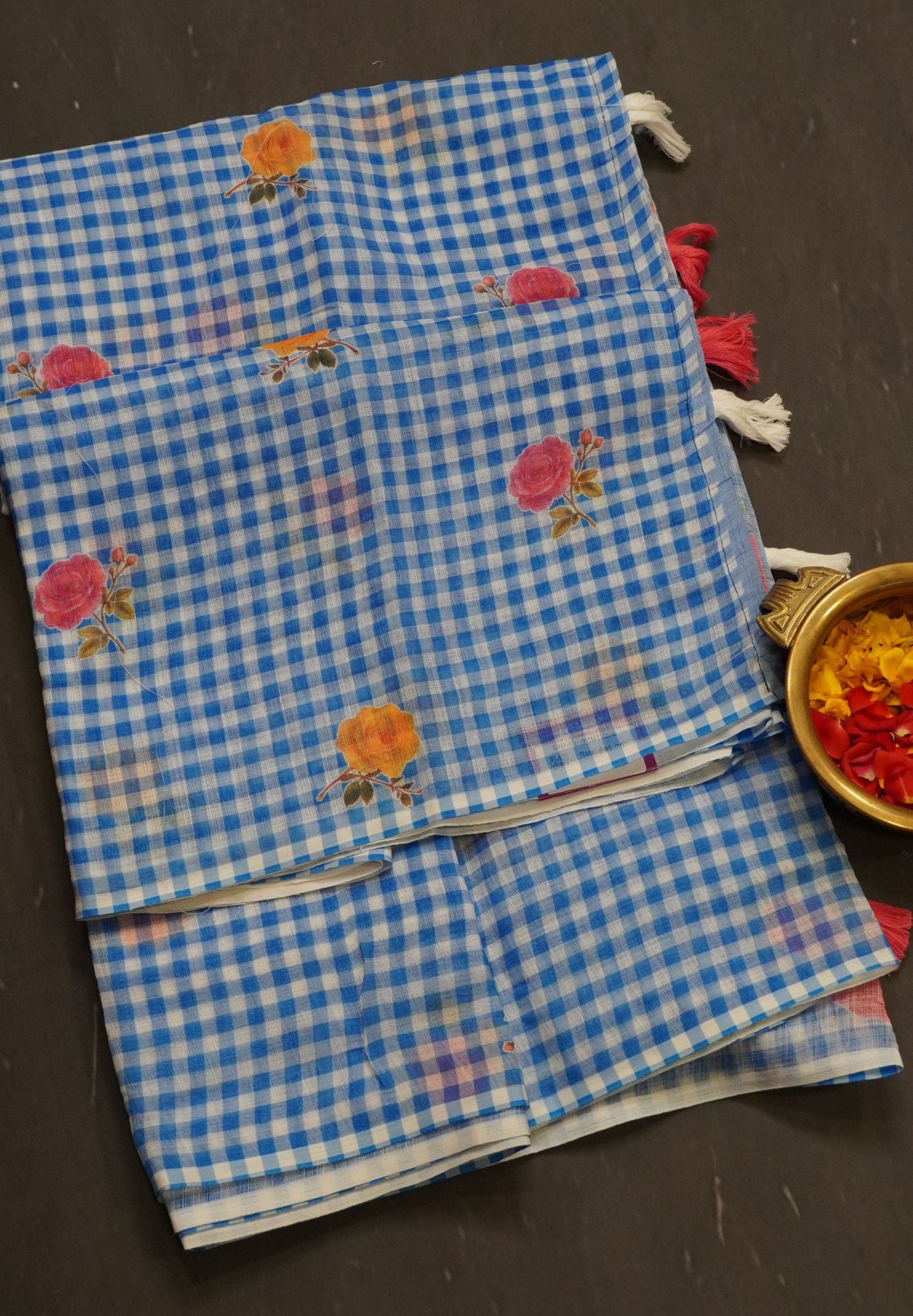 Linen Saree - Checks Blue