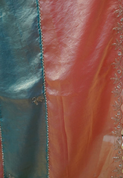 Mira Designer Saree-Peach& Sky blue Duo Tone Encrusted with Scalloped Stone Work