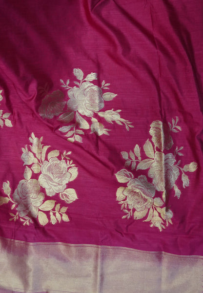 Semi Tussar Saree with Rose Floral Zari Weaving-Rani PInk