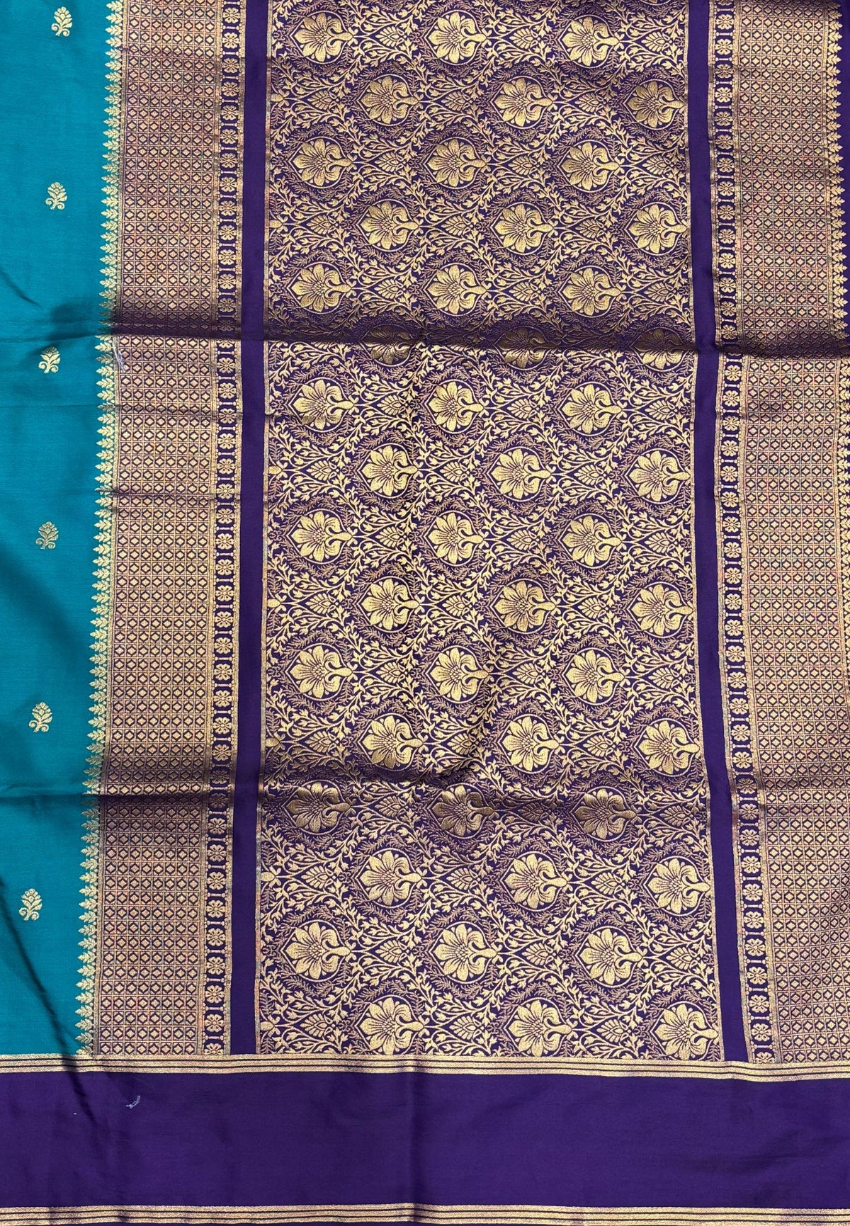 Gaji Silk Saree-Ramar Blue in Floral Brocade Zari with Contrast Border