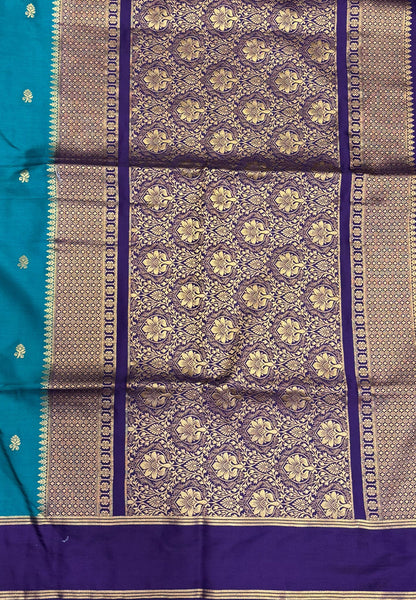 Gaji Silk Saree-Ramar Blue in Floral Brocade Zari with Contrast Border