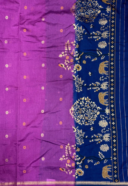 Gaji Silk Saree-Purple In Warli Tree & Elephant With Contrast Border