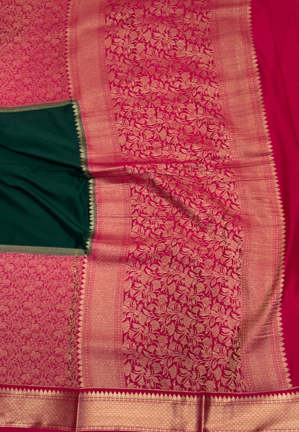 Art Mysore Silk Saree-Green-Rani Pink In Floral Zari With Contrast Border