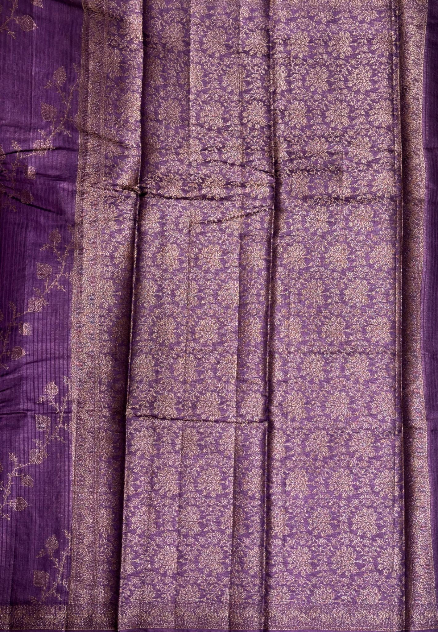 Pure Tussar Saree-Violet in Floral Vine Brocade Border