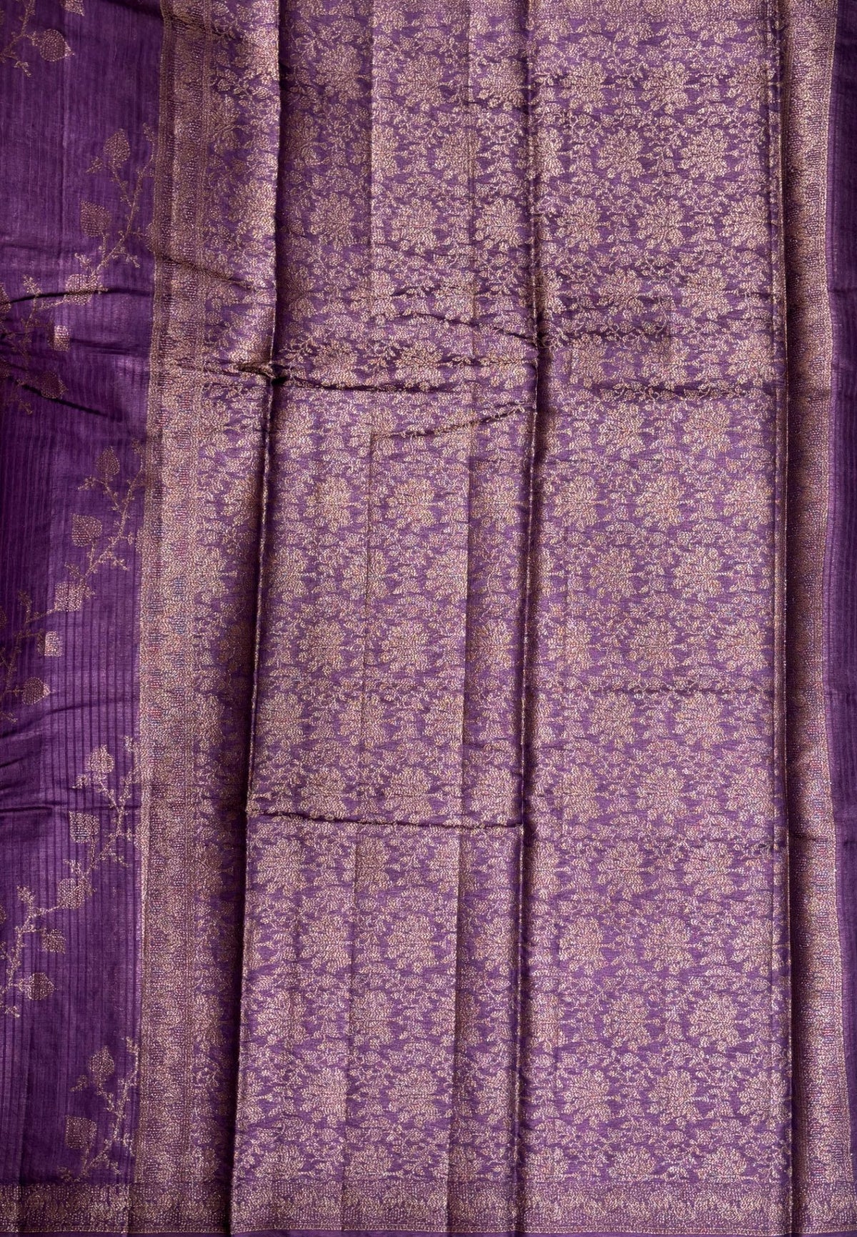 Pure Tussar Saree-Violet in Floral Vine Brocade Border