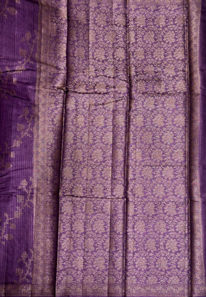 Pure Tussar Saree-Violet in Floral Vine Brocade Border
