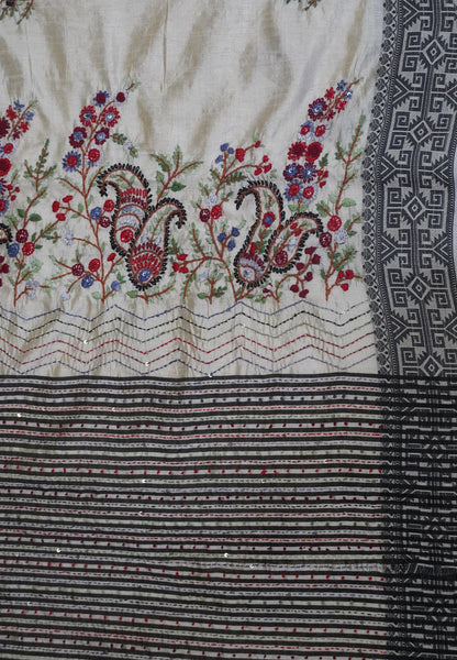 Tussar saree-Off white with floral Embroidery.