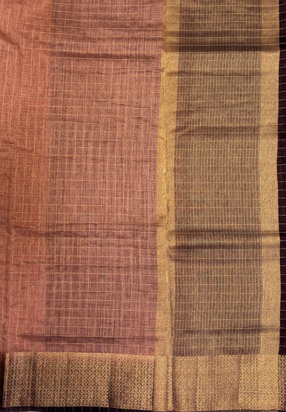 Bamboo Saree-Light Brown in Mini Checked Zari Border