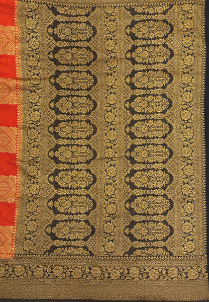 Banarasi Crepe Saree-Rust Orange In Square Check Brocade With Contrast Border