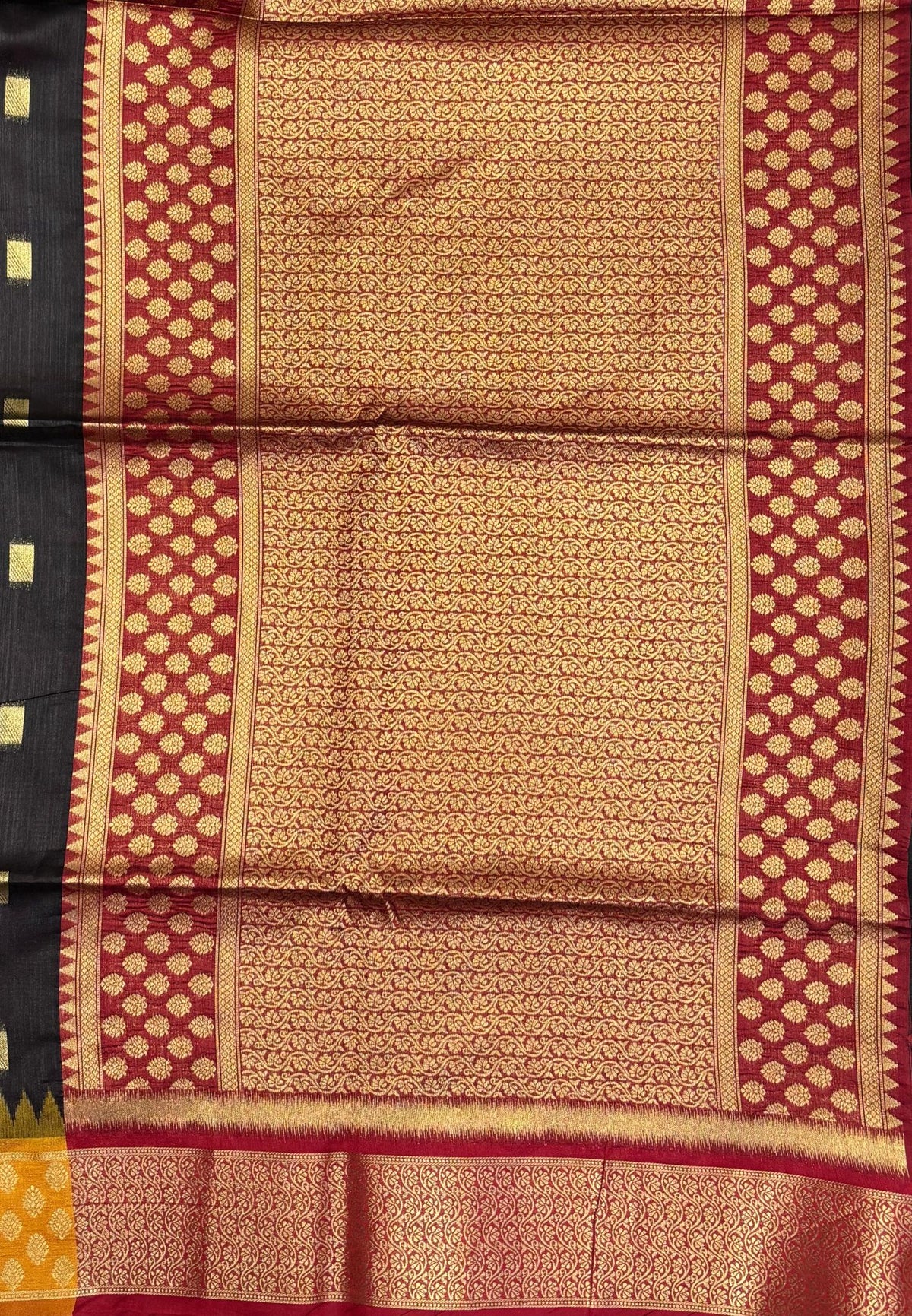 Raw Silk Saree-Black In Brocade Floral Panel Border