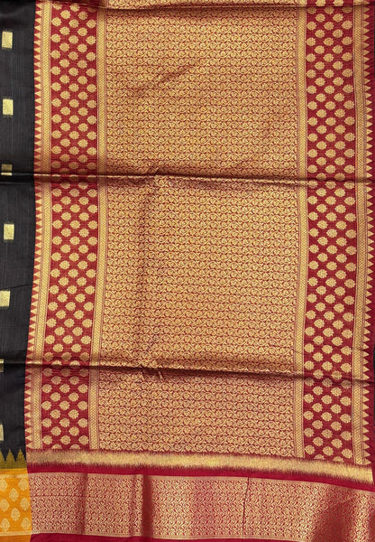 Raw Silk Saree-Black In Brocade Floral Panel Border