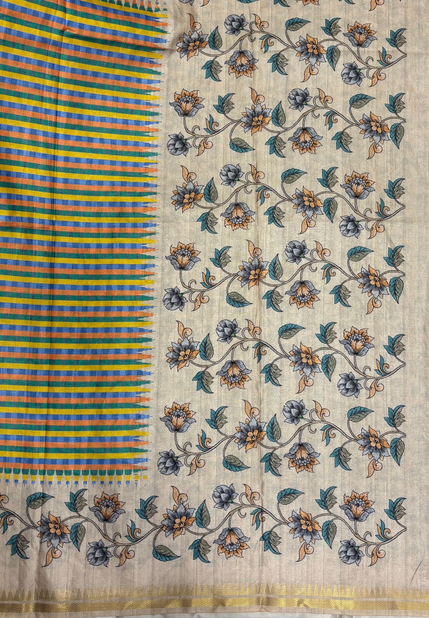 Semi Tussar Saree-Blue. in Mini Checks Floral Border