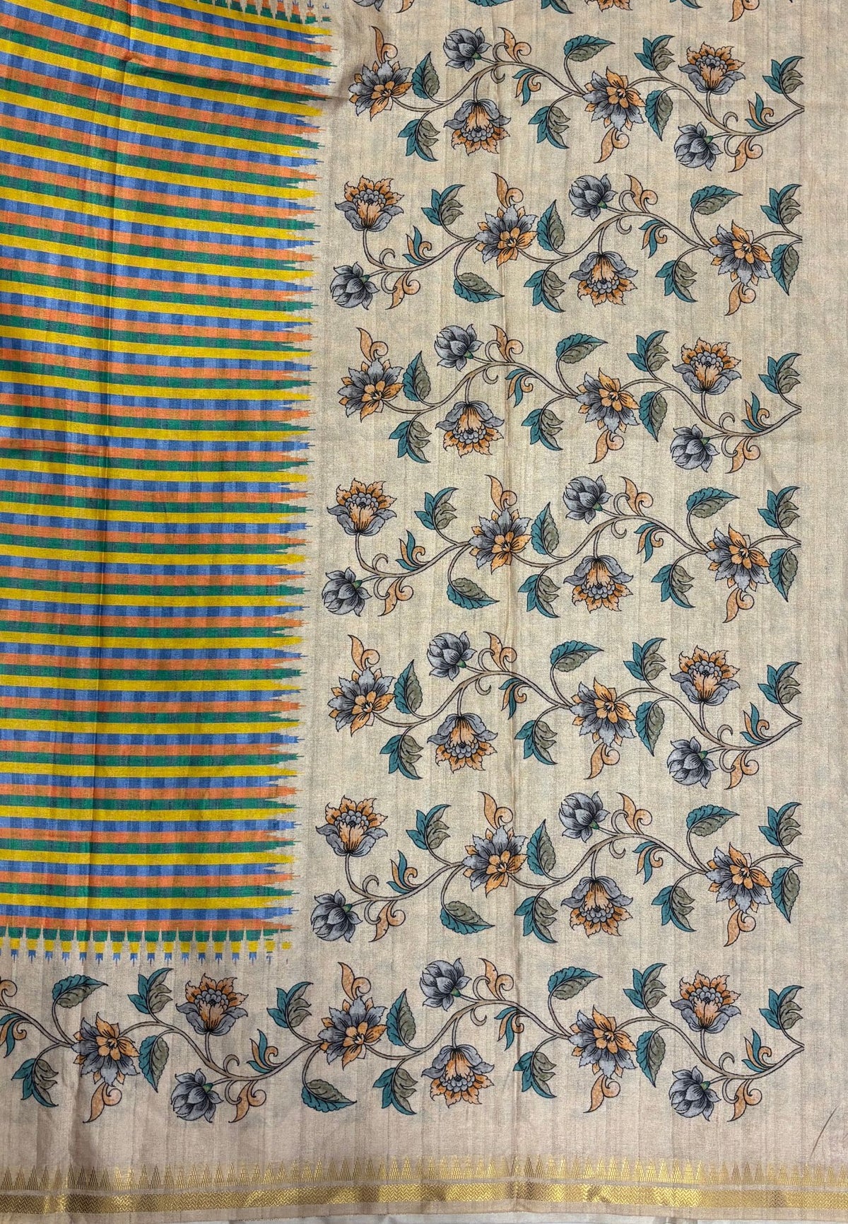 Semi Tussar Saree-Blue. in Mini Checks Floral Border
