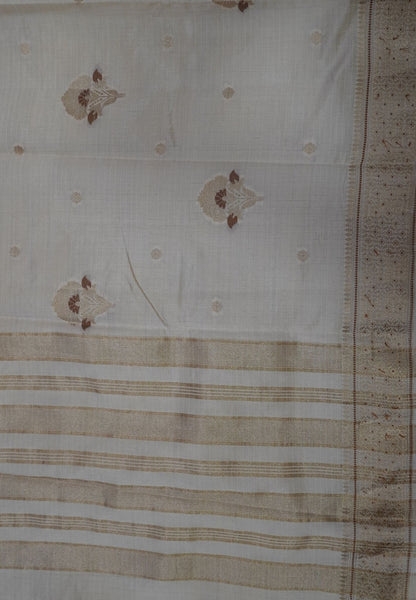 Semi Tussar Saree-Off White with Floral Zari Motif