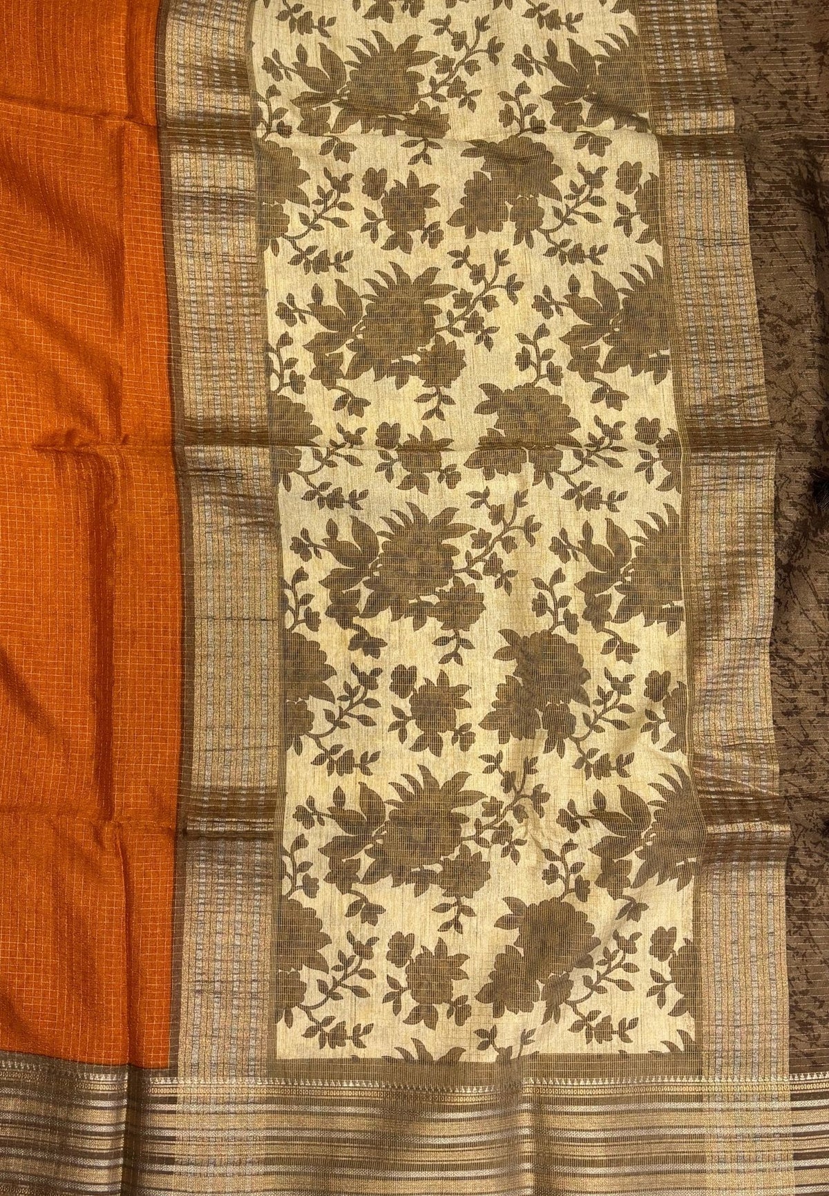 Muslin Tussar Saree-Orange In Floral Vine Border