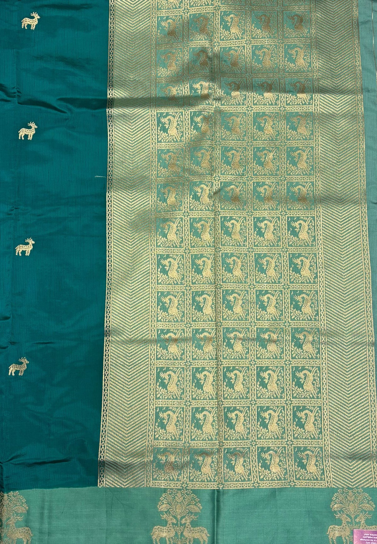 Mulberry Silk Saree-Tone of Teal with Deer Border