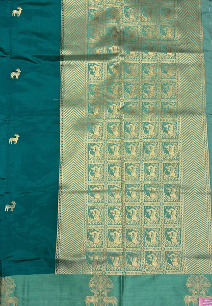 Mulberry Silk Saree-Tone of Teal with Deer Border
