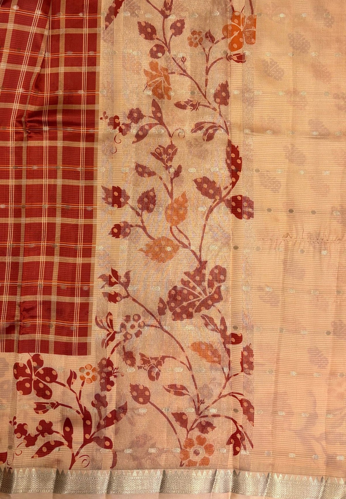 Soft Tussar Saree-Rust Orange In Floral Vine Border