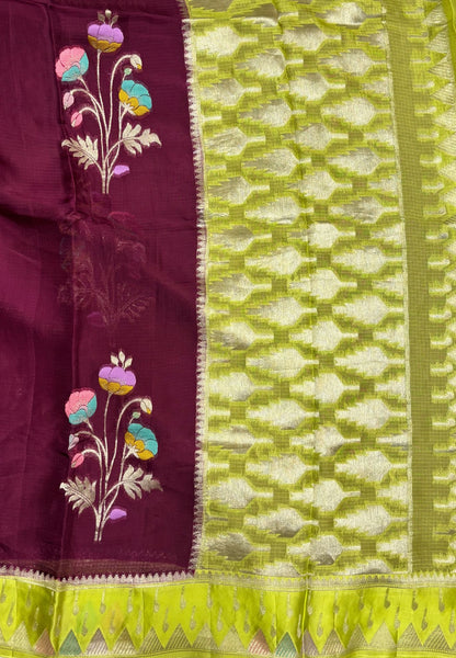 Silk Kota Saree-Wine in Traditional Ikat-Inspired Zari Border