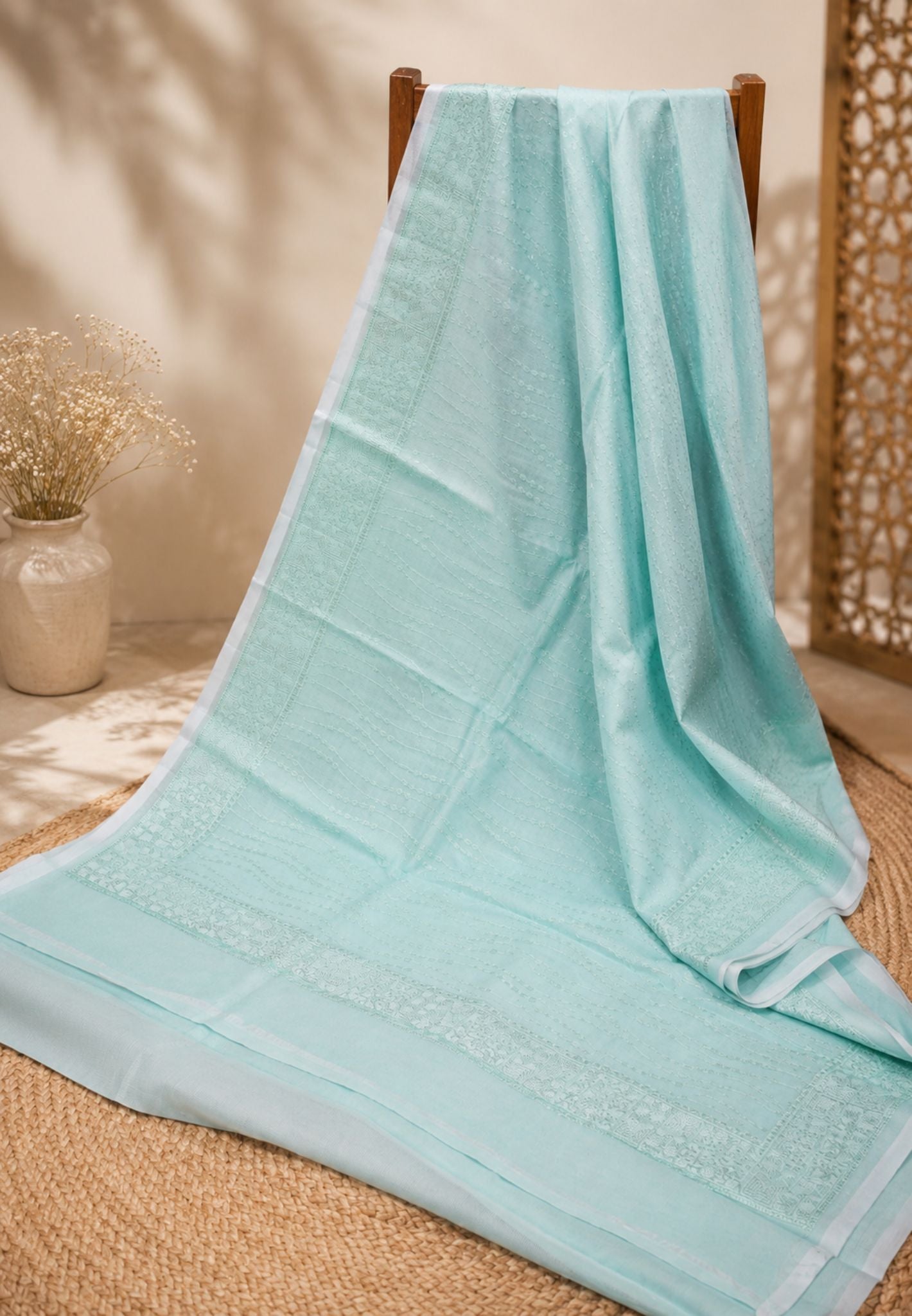 Tissue Saree-Aqua Green with Embroidery Work