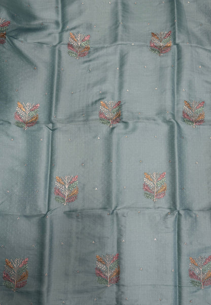 Blueberry Silk Saree-Water Blue in Leaf Butta Embroidery Border