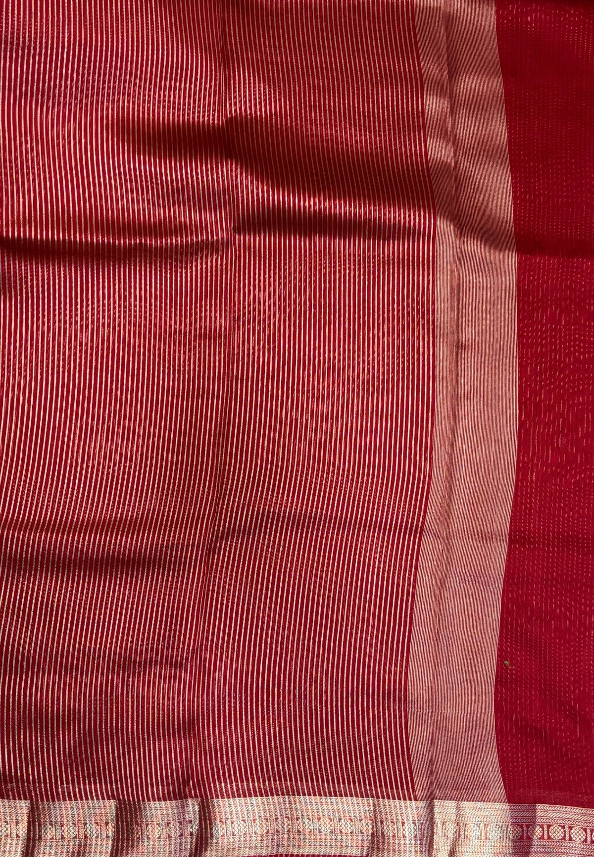 Chanderi Saree-Red in Fine Stripe Zari Border