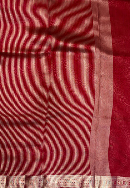Chanderi Saree-Red in Fine Stripe Zari Border