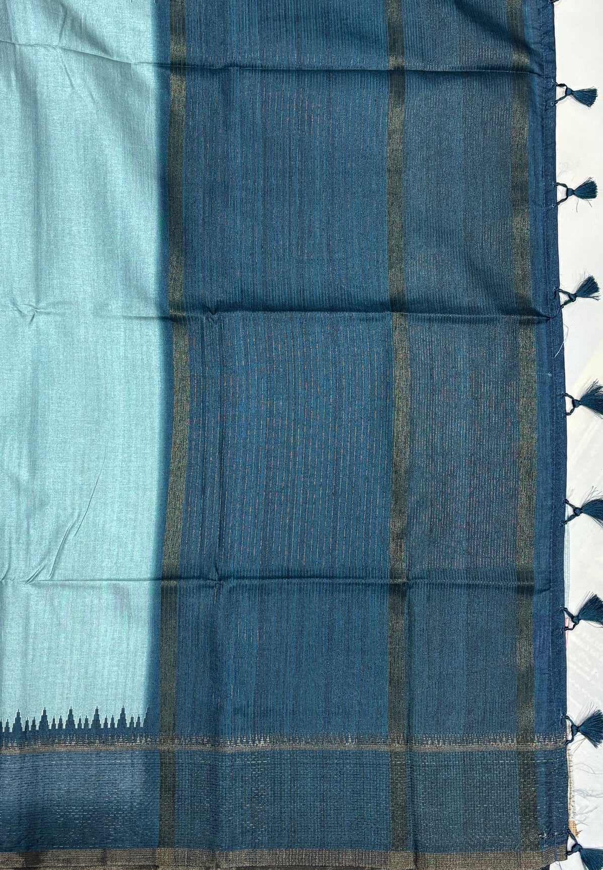 Semi Tussar Saree-Metalic Blue with Antique Zari Border