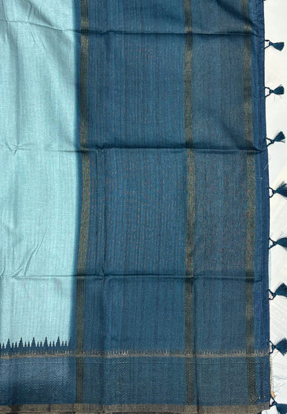 Semi Tussar Saree-Metalic Blue with Antique Zari Border