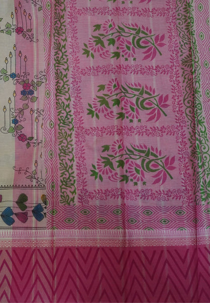Pure Cotton Saree-Cream with Pink in Floral Vine Pattern