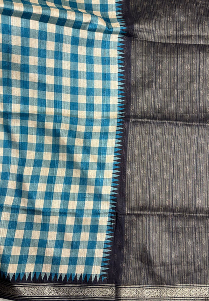Matka Tussar saree-Sky Blue in Checked Pattern with Temple Zari Border