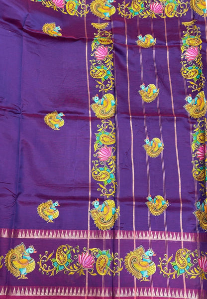 Pure Mangalgiri Silk Saree-Purple with Tanjore Print