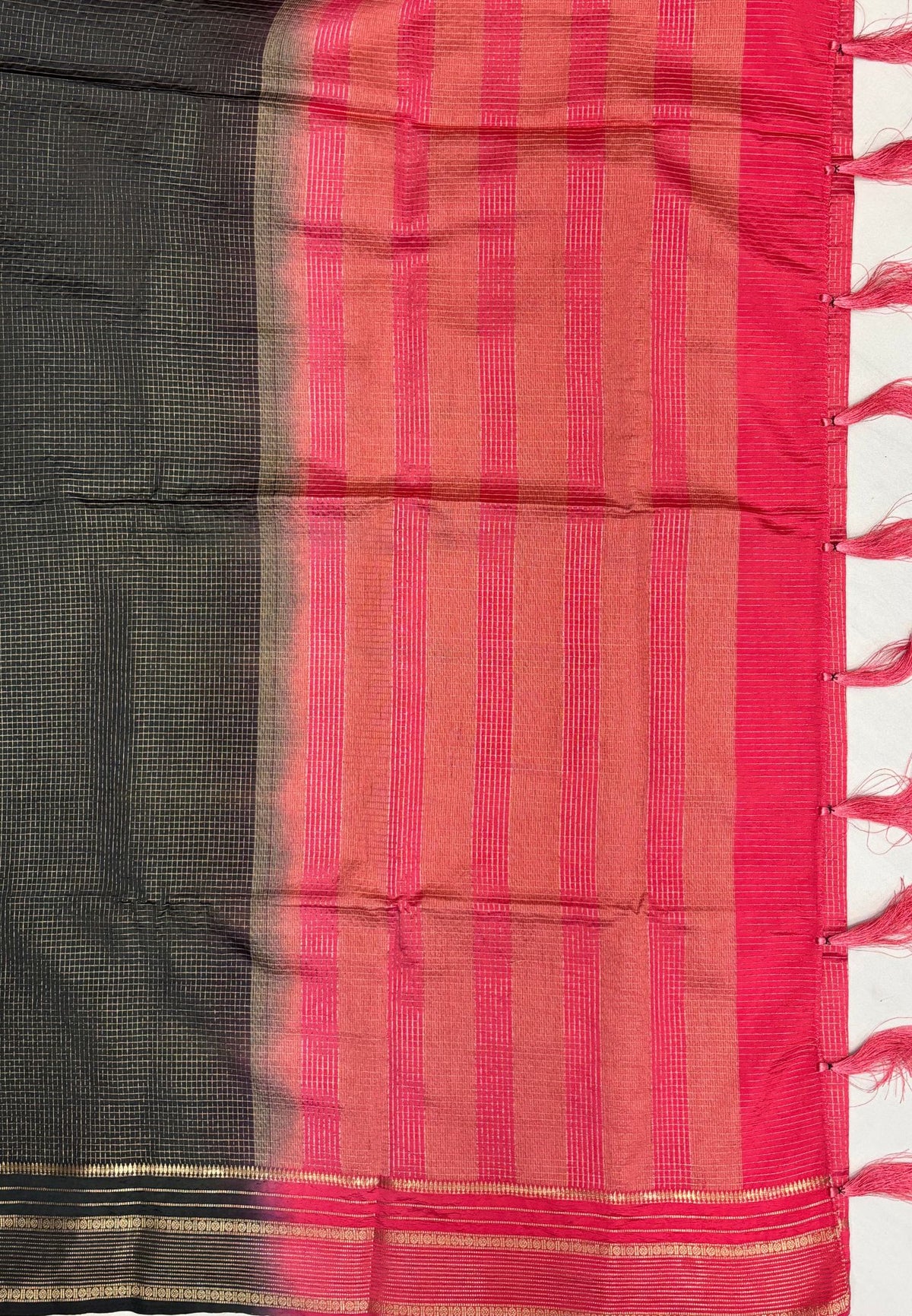 Mulberry Silk Saree-Bottle Green In Striped Zari With Contrast Border