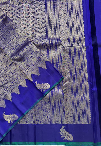 Pure Kanchipuram Silk Saree – Ink Blue with Silver Zari Peacock Motifs