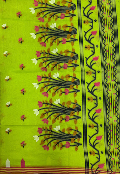 Handloom Cotton Saree-Flurcnt Green In Lotus Floral Border
