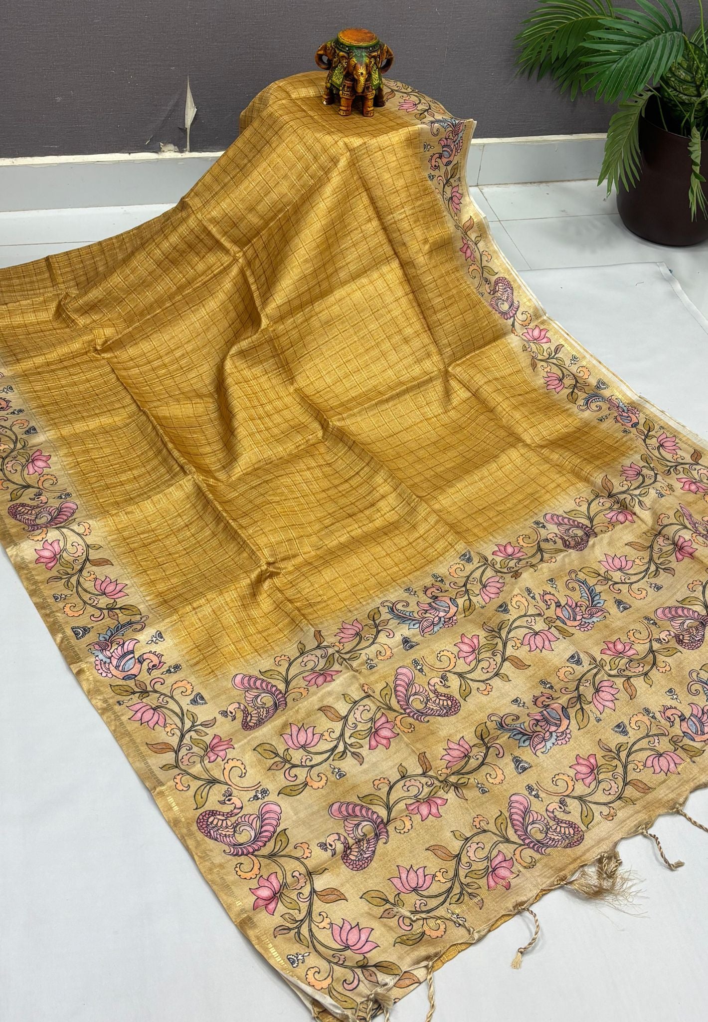 Matka Tussar Saree-Yellow with Kalamkari Border