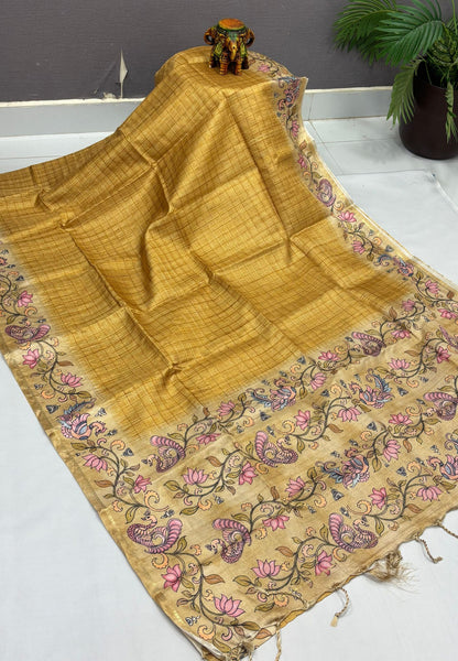 Matka Tussar Saree-Yellow with Kalamkari Border